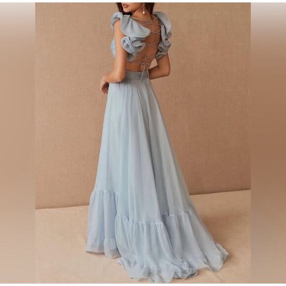 Mac Duggal 67911 Lace-Up Open-Back Formal Dress Powder Blue Size 8 NWT - Picture 2 of 15